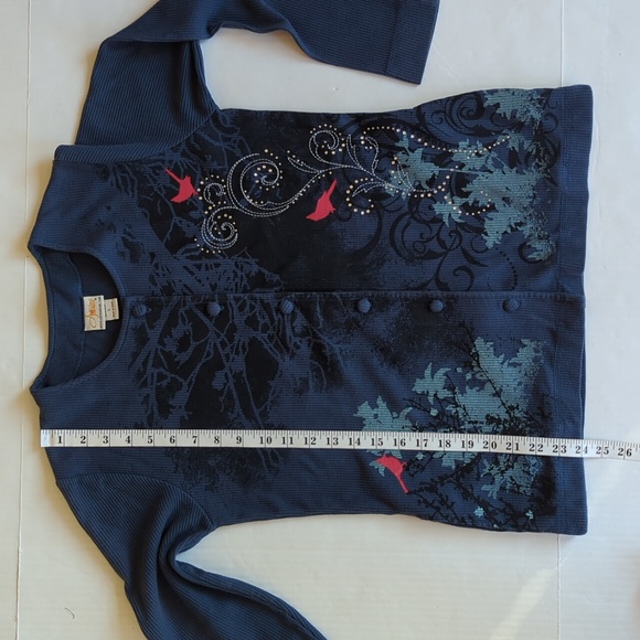 Vintage Artisans Cardinal Embellished Button Up Top SMALL Blue Red Pockets Birds - Picture 13 of 14